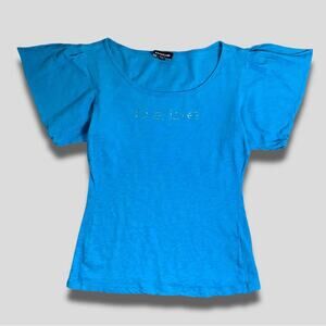 BEBE RARE Y2K FLUTTER COLD SHOULDER RHINESTONE LOGO T-SHIRT BLUE - S